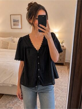 GAP Black Button-Front Swiss Dot V-Neck Top